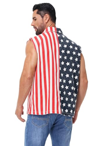 Image of AOBUTE Mens 4th of July Denim Vest American Flag Print Sleeveless Jean Jacket