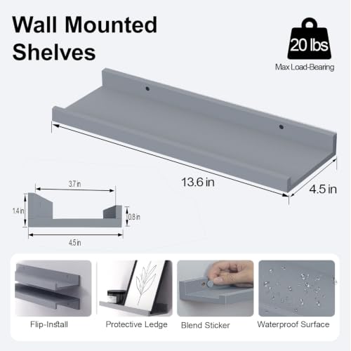 Image of Grey Floating Shelves for Wall Decor, 14 in Shelf with Lip Set of 2
