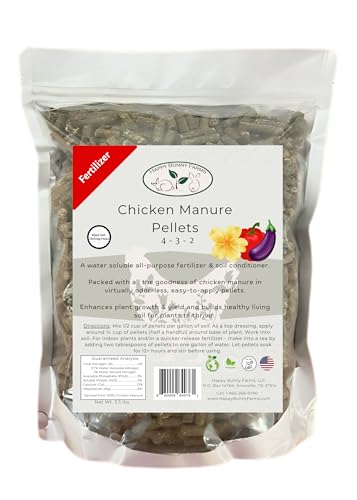 Happy Bunny Farms Chicken Manure Pellets, 4-3-2 NPK Organic Plant Fertilizer and Soil Rebuilder, 1.5lb Bag
