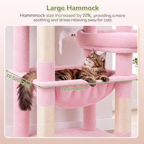 Image of Globlazer Extra Large Platform Cat Tree, 65in Sturdy Cat Scratching Tree for Indoor Cats Large Adult, Big Cat Perch Tower with 3 Padded Perches, 6 Scratching Posts, Cat Condo, Hammock, S65, Pink