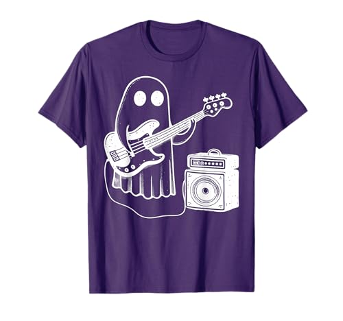 Ghost Playing Electric Bass Guitar Funny Halloween Musician T-Shirt