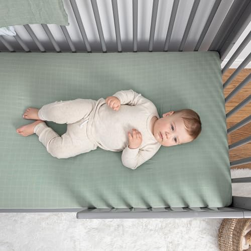 Image of Organic Muslin Fitted Crib Sheet - Organic Crib Sheet for Standard Crib and Toddler Mattresses, Soft and Breathable, Solid Sage Green, Boho Baby, 28 inchx52 inch