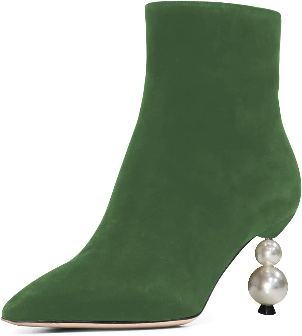 FSJ Women Fashion Pointed Toe Ankle Boots Mid Heel with Pearl Side Zipper Casual Street Walking Ladies Shoes Size 4-15 US