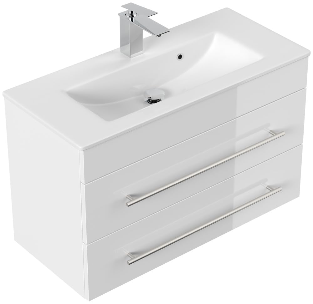 Badmöbel Mars 800 SlimLine mit Keramik Waschbecken, Weiß Hochglanz, 80 cm | SoftClose, Unterschrank mit 2 Schubladen, für Badezimmer