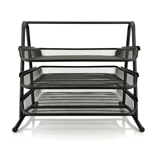 D.RECT KOMO Schreibtisch-Ablage mit 3 Fächern | Dokumentenablage für A4-Format | Stabile Metall-Mesh Briefablage mit Auszug | 350x297x275 mm, Schwarz