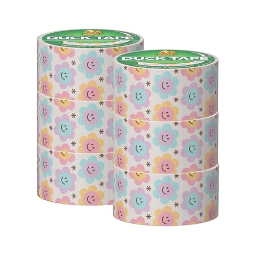 Image of Duck Brand Duct Tape Colors and Patterns, 1.88 Inches x 10 Yards, Groovy Daisies Duct Tape Pattern, 6 Rolls