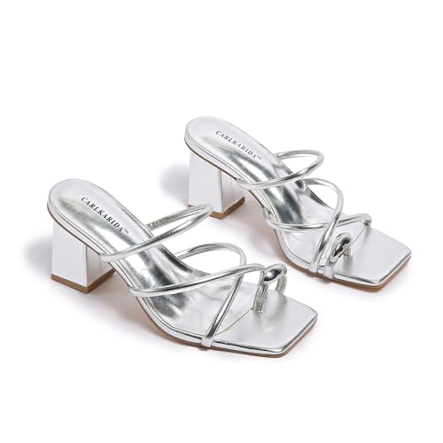 Image of Strappy Heels For Women Low Chunky Block Heel Heeled Sandals Square Open Toe Slip On Slides Flip Flops Mules