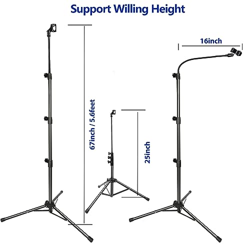 Image of Raking Mic Stand, Boom Microphone Stand, Tripod Gooseneck, Height Adjustable 24 inch-67 inch, 2 Mic Clips, Black, Steel, Modern, Glossy Finish | Quick Assembly, with Carrying Bag, Height Adjustable 24 inch to 67 inch, for Singing Stage Performance Party Conference