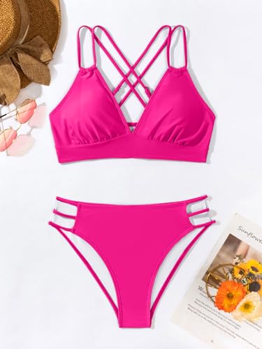 Image of Fanuerg Women's Sexy V Neck Bikini Sets Hollow Out Two Piece Swimsuits Cutout Mid Waist Bathing Suit