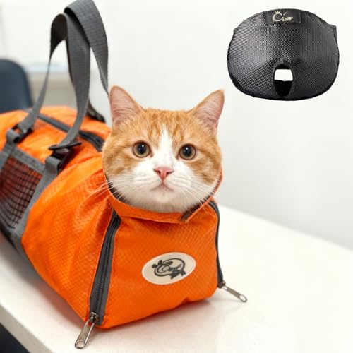 Image of Cinf Cat Nail Clipping Cleaning Grooming Restraint Bag (Free Muzzle) No Scratching Biting for Bathing Nail Trimming Injecting Examining((Orange,M)