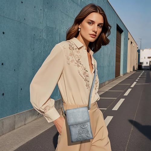 Image of Small Crossbody Bags for Women Trendy Vegan Leather Cell Phone Bag Embossed Flower Design Wallet Purses with Strap