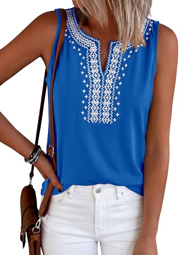 PRETTYGARDEN Womens Tank Tops 2026 Summer Causal V Neck Sleeveless Shirts Floral Print Embroidered Beach Vacation Boho Top(Blue,Small)