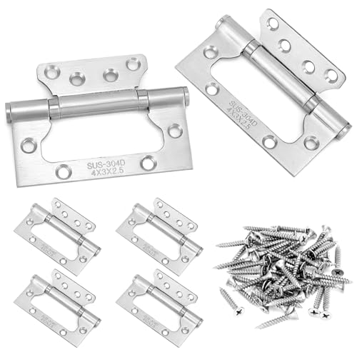 QWORK® 6 PCS 4 Flush Door Hinges, Stainless Steel, Door Hinges with Screws, Ideal for Cabinet, Closet, Furniture