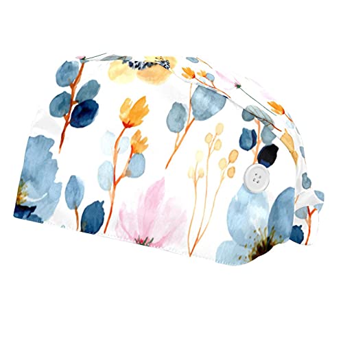 Niaocpwy 2Pcs Women's Adjustable Working Caps With Buttons Sweatband Watercolor Floral Design Bouffant Hats #TOP4