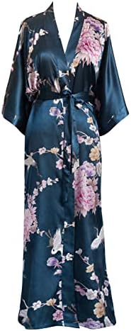 Old Shanghai Women's Kimono Long Robe - Chrysanthemum & Crane (Navy)