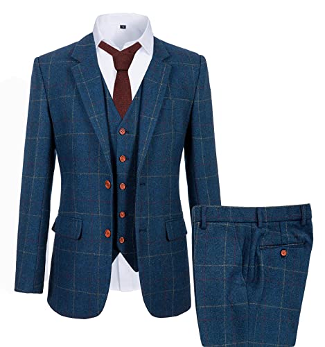 GATMSTZ Mens Suits Big and Tall Suit Plaid Tweed 3 Pieces Set Blazer Vest Pants Wedding Party 2 Buttons