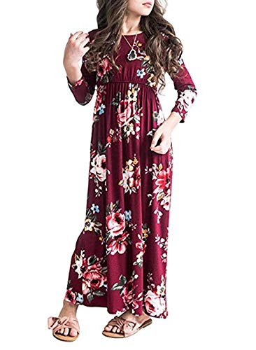 21KIDS Girls Long Maxi Dress Floral Fall Dress 3/4 Long Sleeve Childrens Dress, Wine, 10 Years