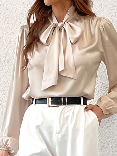 Cupshe Women's Bow Tie Lantern Long Sleeve Satin Shirts Formal High Neck Work Out Blouses,L Champagne #TOP4