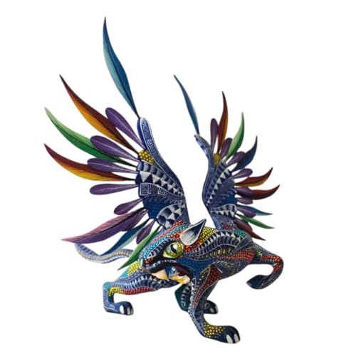 Genrico Alebrije Jaguar Winged Glyph Large Sculpture of Copal Wood Oaxacan Fantastic Art with Zapotec Design - 32 cm High