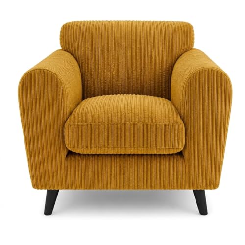 Image of SofaSelection Harlow Jumbo Cord Cuddle Chair, Modern Tailored Wide Armchair for the Reading Nook or Bedroom, Plump Scatter Back, Solid Hardwood Frame, Mustard