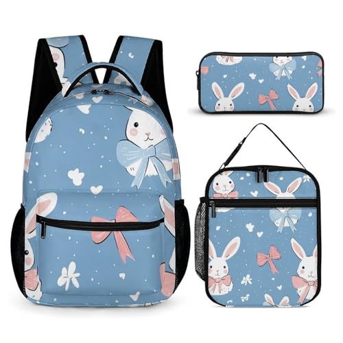 Bunny with Bows And Ribbons Travel Backpack Lunch Box Pencil Case 3Pcs Set for Men Women Office Outing University