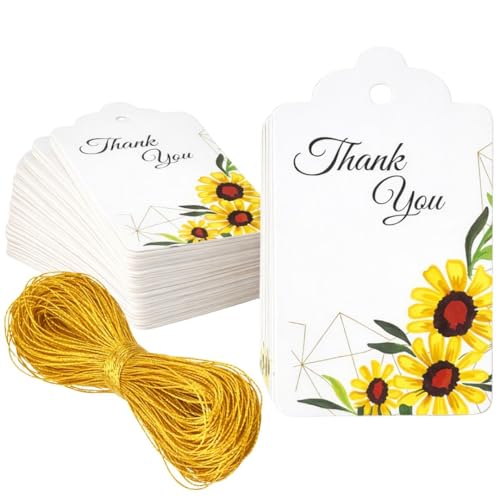 Image of CVANU Floral Thank You Gift Tags (Set of 200), Elegant Flower Design (D9) Hanging Tags with Gold String for Wedding Return Gifts & Small Business Packaging (2.85 x 1.7 Inch)