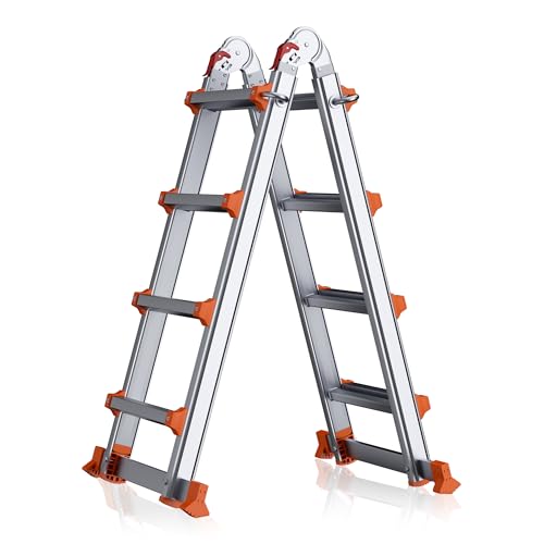 Image of A Frame Ladder, 14FT Aluminum 4 Step Ladder Foldable, 330LBS, Silver Orange