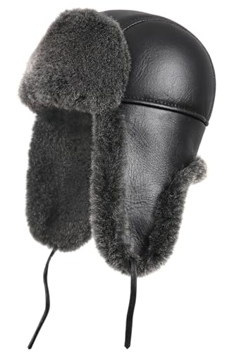 Zavelio Unisex Shearling Sheepskin Leather Aviator Russian Ushanka Trapper Winter Fur Hat Medium Black