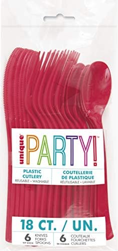 Unique UK 39484 Assorted Plastic Reusable Cutlery Set 18 Pcs, Ruby Red, Pack of 18