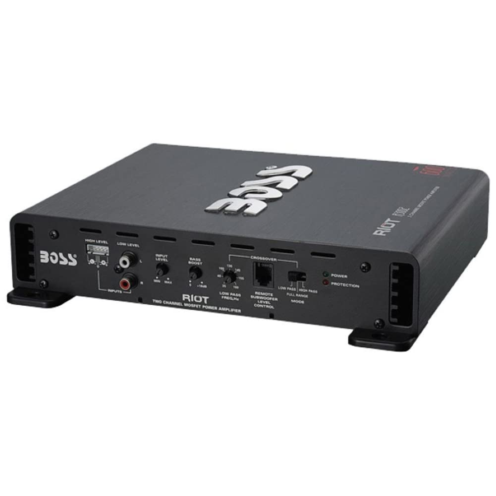 KIT SET PER BOSS AUDIO SYSTEMS RIOT R3002, 1 amplificatore stereofonico 2 canali 600 watt max, classe a/b, con bass boost e remote per subwoofer incluso, 1 pezzo