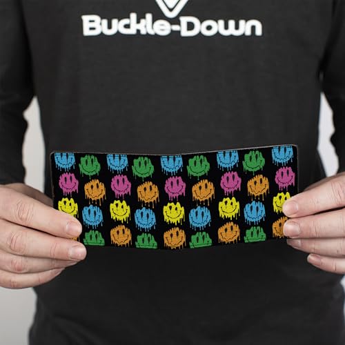 Buckle-Down Wallet, Bifold, Smiley Faces Melted Mini Repeat Black Multi Neon, Vegan Leather4