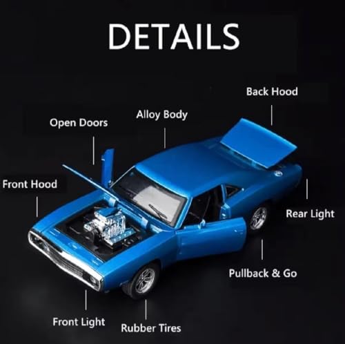 Image of Invite Enterprise Scale 1:24 Dodge Charge F7 - Blue Alloy Diecast Pullback Metal Car Toy with Sound Light & Opening Doors - Great Gift Toy for Kids