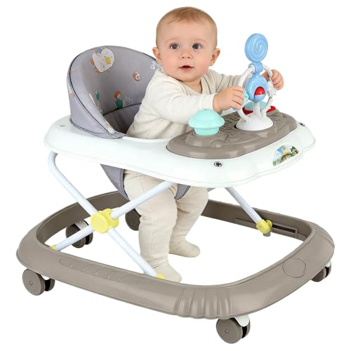 2 en 1 Andador de bebé con 5 alturas ajustables, andador plegable para bebé con bandeja de actividades musical desmontable, de 6 a 18 meses, hasta 12 kg (55x65x58 cm, Kaki)