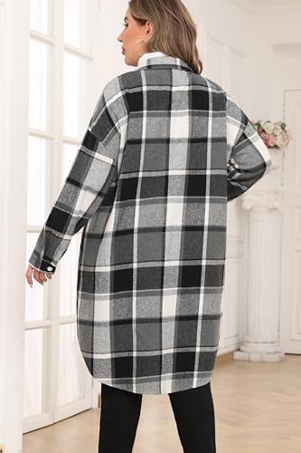 TIANZHU Womens Plus Size Long Sleeve Flannel Plaid Shacket Jacket Knee Length Lapel Button Down Coats Shirts Casual Shacket3