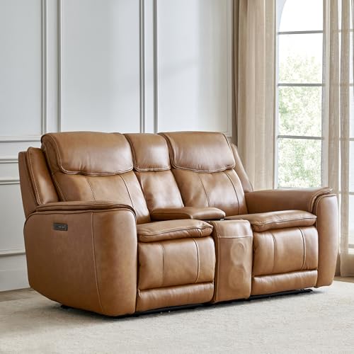 Image of Home Centre | Potsdam Half Leather 2-Seater Zero Gravity Electric Recliner | Recliner Sofa for Living Room | Solid Wood | Tan | 1 Year Warranty