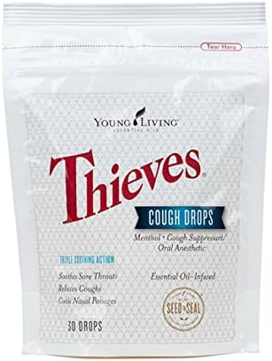 Thieves Essential Oil-Infused Cough Drops – Soothing Relief for Coughs & Sore Throats with Young Living’s Signature Blend – Natural Ingredients, Minty-Spicy-Sweet Taste
