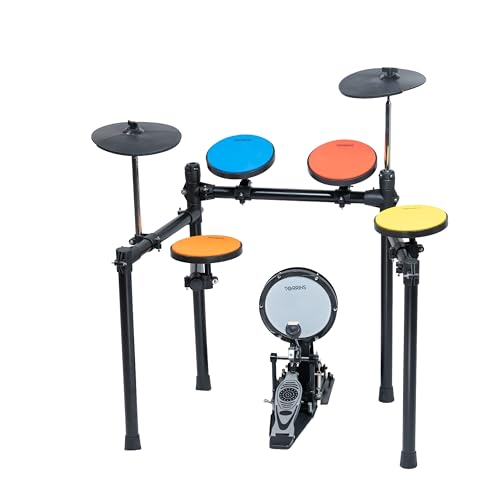 Image of Silent Practice Drum Kit - Plus with Protective Edge Guards | 4 Color-Coded Mute Pads, Muted Hi-Hat & Cymbal | Includes Kick Pad, Pedal & Drum Rack | Drum Set for Beginners & Home Practice
