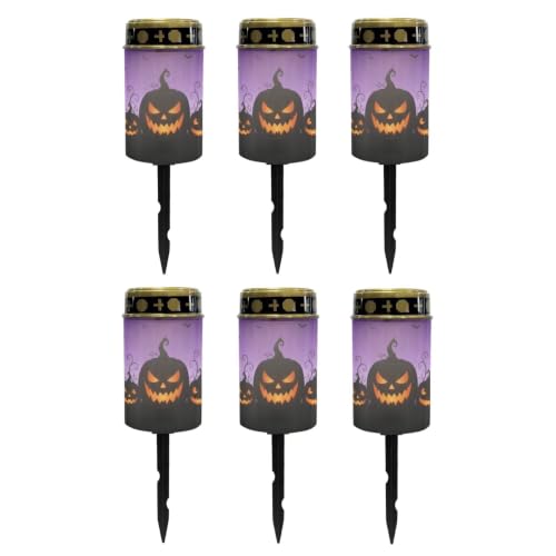 Image of Poceacles Outdoor Solar Powered Cemetery Lights Grave Outdoor Stake Lights Garden Solar Lantern Flameless Candles Halloween Garden Decoration, Pumpkin Bat Print Violet, Pack of 6