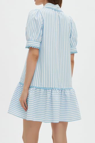Striped Dress for Women Collared Short Puff Sleeve Ruffle Hem Summer Tunic Flowy Shirt Mini Dress3
