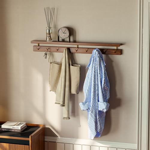 Wayshome Walnut Wall Hooks with Shelf, Coat Rack Wall Mount, Entryway Hanging Shelf with 9 Brass Hooks for Hats, Clothes, Towels, Bags, Black Walnut Wood, Natural