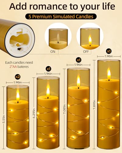 Image of Da by Flameless Candle Light, Battery Candle with recessed String Lights, 5 flameless Candles with 11-Key Remote Control, 24-Hour Timer Function, Champagne Color (Pack of 2)