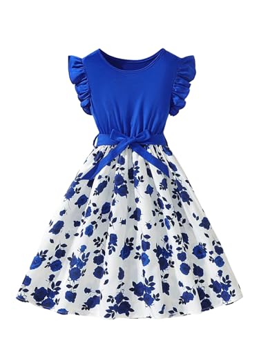 Floerns Girl's Floral Ruffle Cap Sleeve A Line Dress Crew Neck Midi Belted Dresses