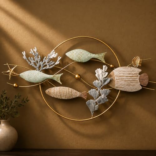 Image of S & A Underwater Ocean Life Metal Wall Art Decor - Large 78cm Coastal Wall Hanging with Wooden Fish & Coral Accents, Ocean Theme Artwork for Living Room, Bedroom & Home Decoration