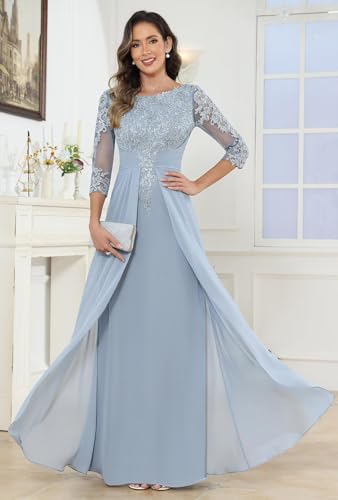 Sparkly Lace Appliques Mother of The Bride Dresses for Women Long Chiffon 3/4 Sleeve Wedding Guest Formal Gown4