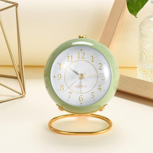 Image of Vintage Analog Alarm Clock with Night Light, Silent Non-Ticking Quartz Movement, Battery Powered Round Desk Clock with Gold Metal Stand, HD Glass Dial for Bedroom, Office, (English Multicolor)