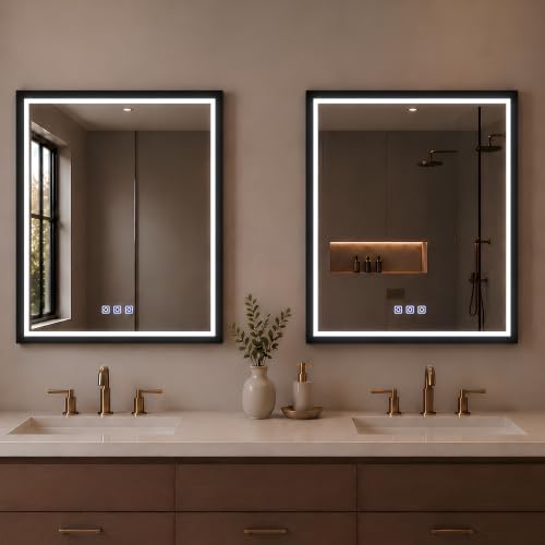 Image of USHOWER 2 Pack 30x36 Inch Black Mirror with Light Frame, Shatter-Proof | Led Bathroom Mirror for Wall, Smart Anti-Fog Vanity Mirror with 3 Colors, Stepless Dimmable, Memory Fuctions,ETL Listed