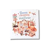 Motif voyage et souvenirs Message “Bonnes vacances maîtresse” Design détaillé et chaleureux Lingette microfibre lunettes et écrans Format pratique 14 x 14 cm Nettoyage efficace sans traces Idée cadeau maîtresse fin d’année