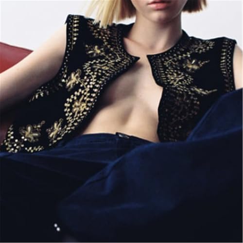 Image of Women Vintage Floral Embroidered Vest Y2K Sleeveless Open Front Cardigan Boho Linen Cropped Waistcoat