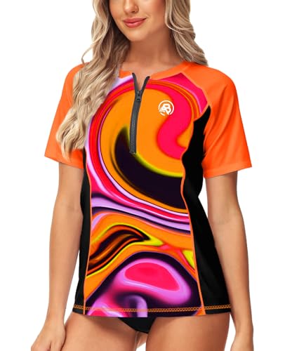 Image of AOBUTE Women Zip Rash Guard UPF 50+ Gradient Short Sleeve Swim Top Surf Shirts