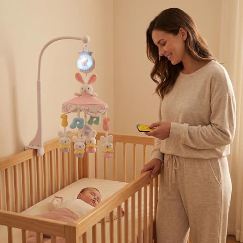 Image of Baby Crib Mobile with Music for Boys and Girls (Pink)